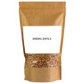 Green lentils groats in a brown paper bag. Doy-pack with a plastic window for bulk products. Close-up. White background. Isolated