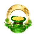 Green leprechaun hat with coins and golden horseshoe