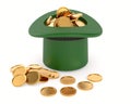 Green leprechaun hat with coins on white background. Isolated 3D illustration Royalty Free Stock Photo