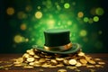 A green leprechaun hat full of gold coins on a wooden table, Patricks Day Royalty Free Stock Photo