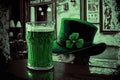 Green leprechaun hat and a glass of green beer on bar in a pub. Celebrating St. Patrick`s Day