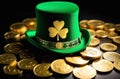 Green leprechaun hat on gold coins for St. Patrick\'s Day