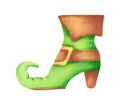 Green leprechaun shoe with gold buckle.Clipart for St. Patricks Day celebration.Watercolor and marker illustration Royalty Free Stock Photo