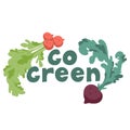 The green lettering Go Green surrounded by fresh vegetables, radishes and beets. Motivating illustration in flat style.