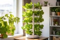 Green lettuce growing in vertical hydroponic tower system. Home vertical hydroponic system grows plants vertically