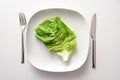 Green lettuce leaf on a square plate and cutlery on a white background, healthy diet to lose weight as a resolution in the new Royalty Free Stock Photo