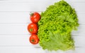 Green lettuce leaves, ripe red tomatoes on a white wooden table. top view. Royalty Free Stock Photo