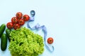 Green lettuce, tomatoes and centimetr on a blue background
