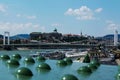 The green Liberty bridge in Budapest and the Danube river