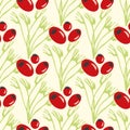 Green lichen and red berries seamless vector pattern background. Hand drawn oakmoss leaves and bright tree fruit