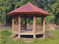 Green life with hexagonal gazebo near tropical river Royalty Free Stock Photo