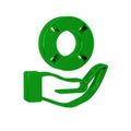 Green Lifebuoy in hand icon isolated on transparent background. Lifebelt symbol.