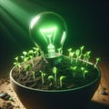 Green light bulb growing out of a mound of soil save environment