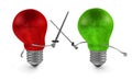 Green light bulb fighting duel with swords against red one