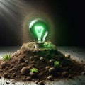 Green light bulb growing out of a mound of soil save environment