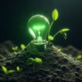 Green light bulb growing out of a mound of soil save environment