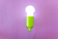 Green Light bulb on yellow background. Free copy space. Concept of new idea, green energy Royalty Free Stock Photo