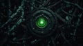 A green light is embedded in a dark, intricate network of wires.