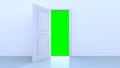 Green light inside the open door isolated on white background. Room interior design element. 3D render Royalty Free Stock Photo