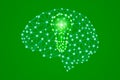 Green lightbulb sign in polygonal low poly plexus human head brain