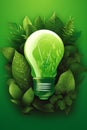 Green lightbulb surrounded by leaves and plants on green background. Generative AI Royalty Free Stock Photo