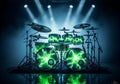 Green lightning drum set on stage with spotlights drums Royalty Free Stock Photo