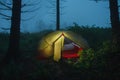 Green lightweight freestanding three-season 2-person tent on forest in the morning after rain in Beskid Mountains Royalty Free Stock Photo