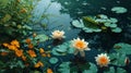 green Lily pads and white Lotus flowers on a dark background. Royalty Free Stock Photo