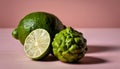 A green lime and a green avocado on a pink background