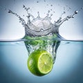 Green Lime Half Submerged in Water Creating a Large Splash with Bubbles citrus fruit Royalty Free Stock Photo