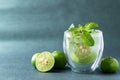 Close up of fresh Green lime juice soda with mint leaf on color background, Summer drink Royalty Free Stock Photo
