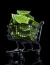 Green lime slices in a miniature supermarket trolley