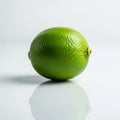 Green lime with a smooth, glossy surface placed on a reflective white background. Its Royalty Free Stock Photo