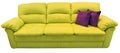 Green lime sofa with pillow. Soft lemon couch. Classic pistachio divan on isolated background. Velvet velor yellow leather fabric Royalty Free Stock Photo