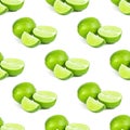 Green limes and lime slices repeat seamless pattern on white background. Royalty Free Stock Photo