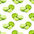 Green limes and lime slices repeat seamless pattern on white background. Royalty Free Stock Photo