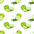 Green limes and lime slices repeat seamless pattern on white background. Royalty Free Stock Photo