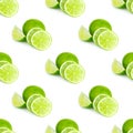 Green limes and lime slices repeat seamless pattern on white background. Royalty Free Stock Photo