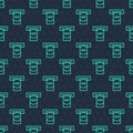 Green line ATM - Automated teller machine and money icon isolated seamless pattern on blue background. Vector Royalty Free Stock Photo