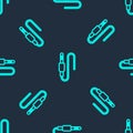 Green line Audio jack icon isolated seamless pattern on blue background. Audio cable for connection sound equipment Royalty Free Stock Photo