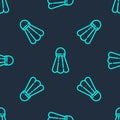 Green line Badminton shuttlecock icon isolated seamless pattern on blue background. Sport equipment. Vector Illustration Royalty Free Stock Photo