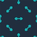 Green line Barbell icon isolated seamless pattern on blue background. Muscle lifting icon, fitness barbell, gym, sports