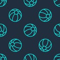 Green line Beach ball icon isolated seamless pattern on blue background. Children toy. Vector Royalty Free Stock Photo