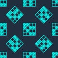Green line Board game of checkers icon isolated seamless pattern on blue background. Ancient Intellectual board game Royalty Free Stock Photo