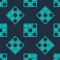 Green line Board game of checkers icon isolated seamless pattern on blue background. Ancient Intellectual board game Royalty Free Stock Photo