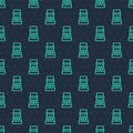 Green line Bottle with potion icon isolated seamless pattern on blue background. Flask with magic potion. Happy