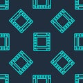 Green line Camera vintage film roll cartridge icon isolated seamless pattern on blue background. 35mm film canister Royalty Free Stock Photo