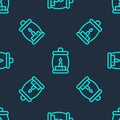 Green line Camping lantern icon isolated seamless pattern on blue background. Happy Halloween party. Vector Royalty Free Stock Photo