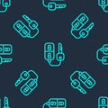 Green line Car key with remote icon isolated seamless pattern on blue background. Car key and alarm system. Vector Royalty Free Stock Photo