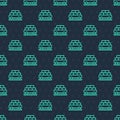 Green line Cargo train wagon icon isolated seamless pattern on blue background. Full freight car. Railroad